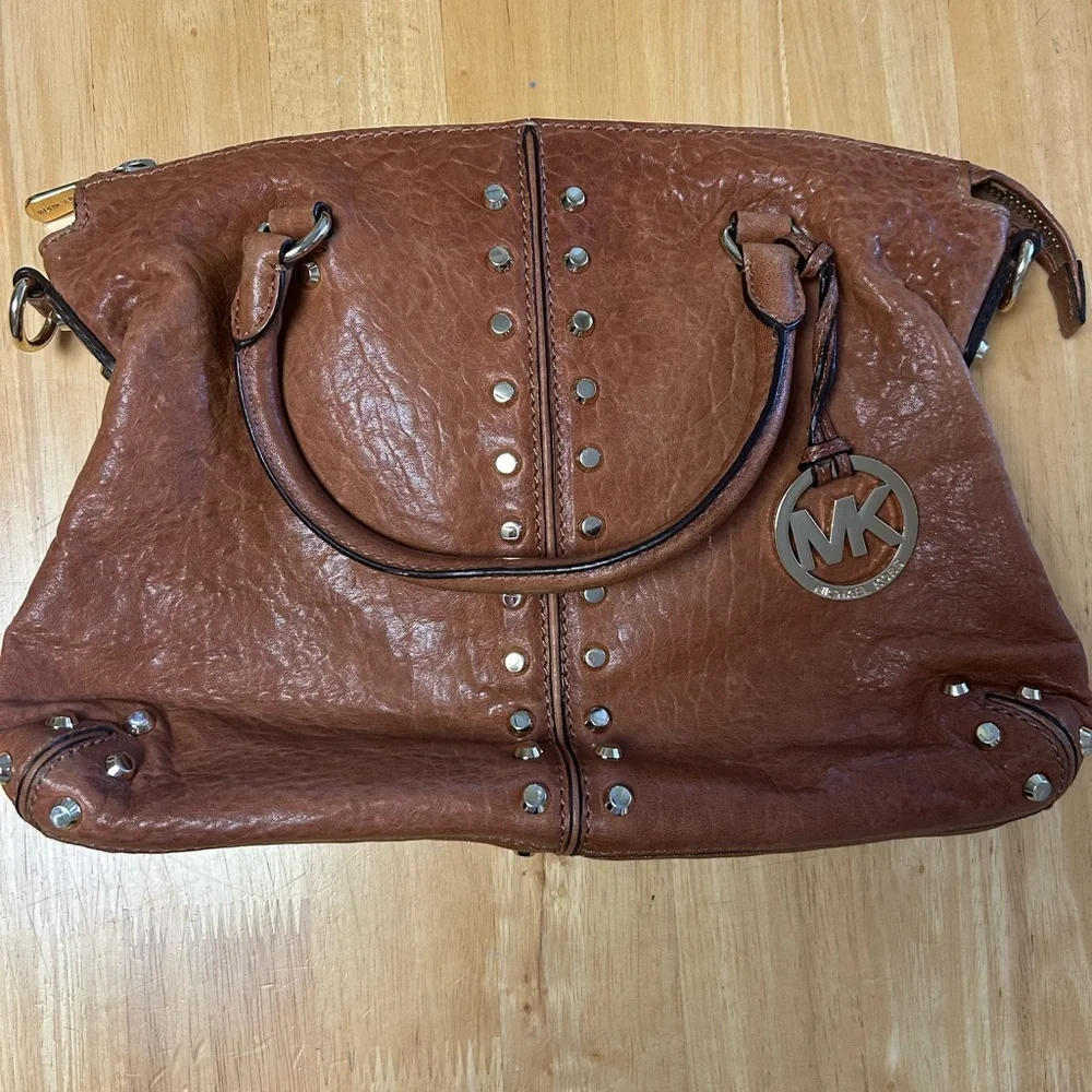 Michael Kors Brown Studded Leather Satchel with Logo Charm